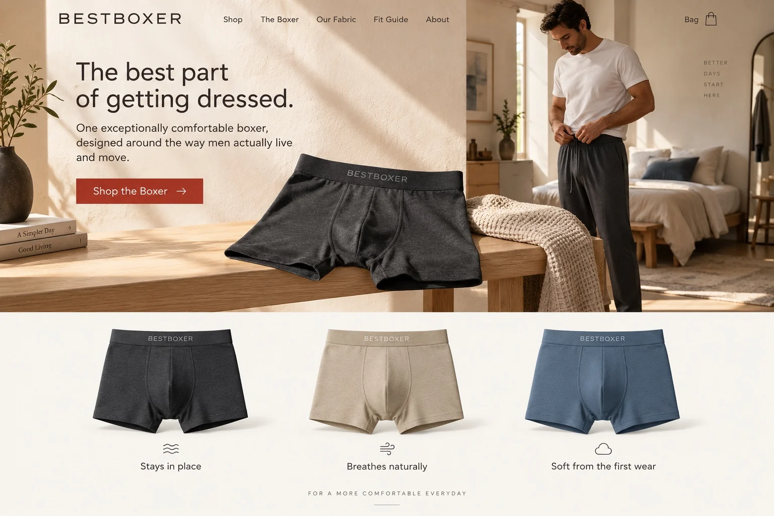 BestBoxer modern men’s boxer brief brand concept in a warm minimalist bedroom