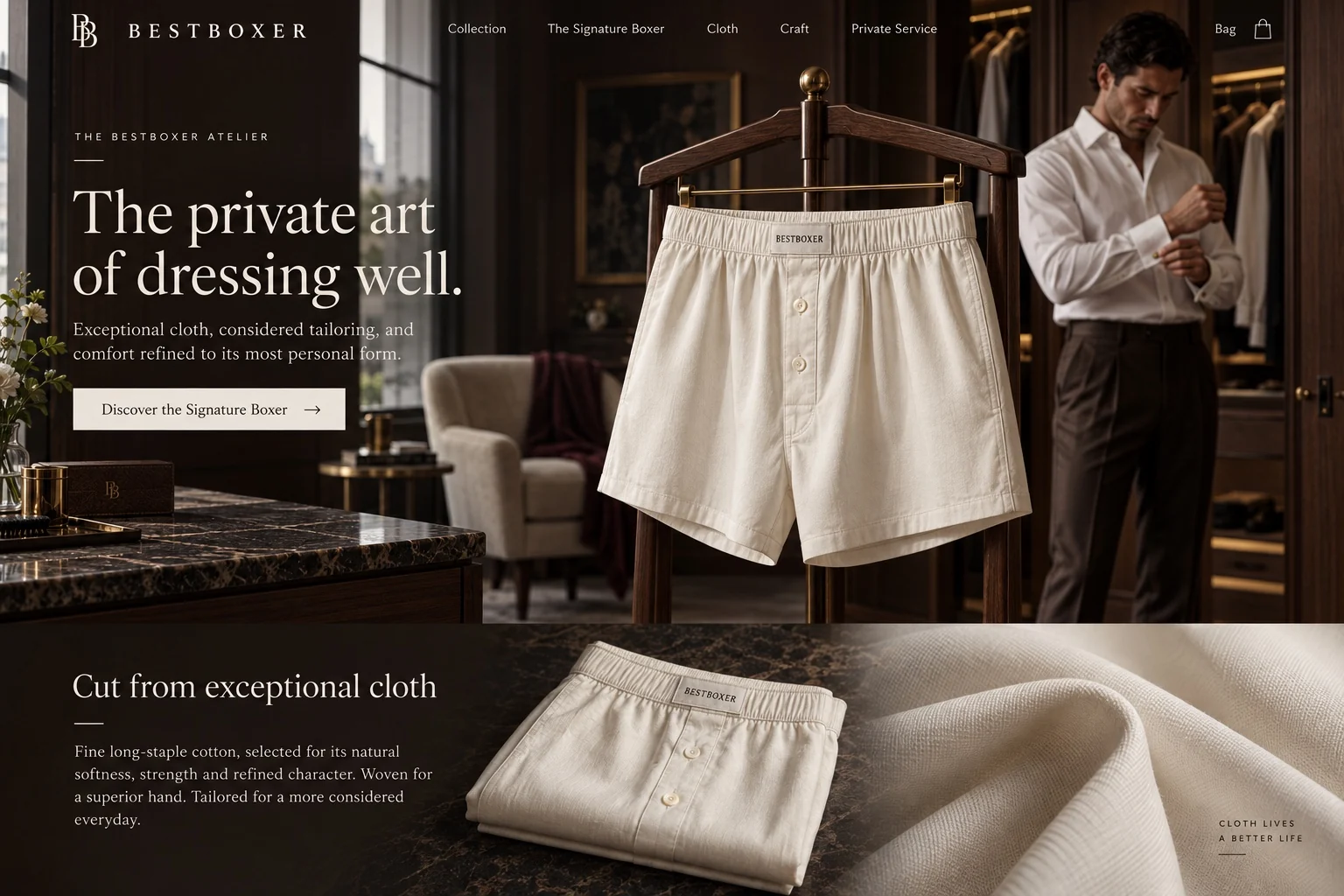BestBoxer luxury men’s underwear brand concept with cream boxer shorts in a dark atelier
